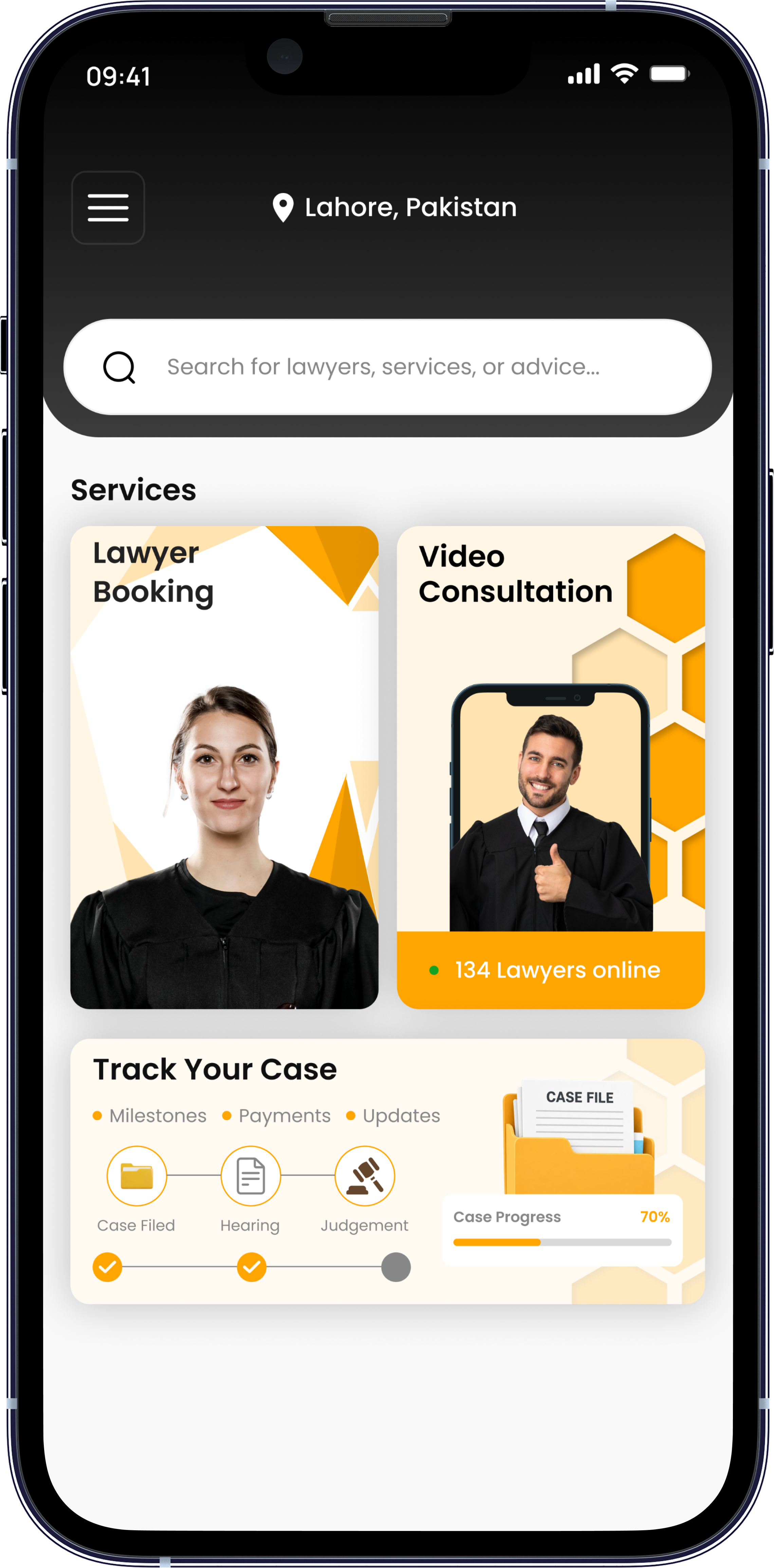 ZOR mobile app — lawyer booking, video consultation, and case tracking