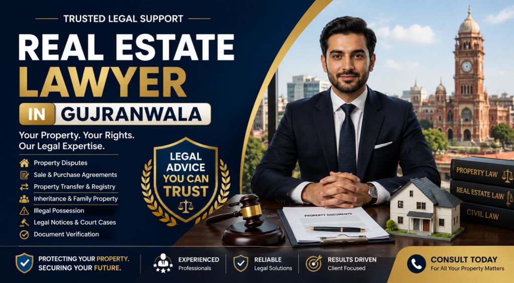 Real estate lawyer in Gujranwala offering legal guidance for property disputes, transfer, registry, inheritance, and property documentation.