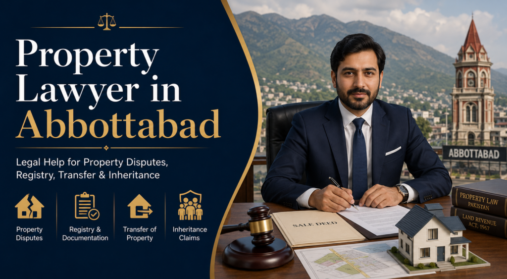 Property lawyer in Abbottabad providing legal guidance for property disputes, registry, transfer, inheritance, illegal possession, tenancy matters, and document verification.