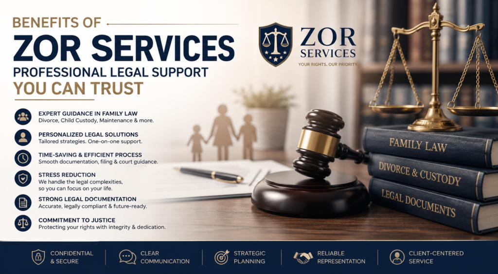 Benefits of ZOR Services highlighting professional legal support, family law guidance, child custody assistance, legal documentation services, and trusted legal representation in Pakistan.