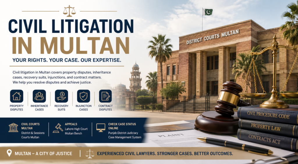 Civil litigation banner showing District Courts Multan façade, scales of justice, gavel, and icons for property disputes, inheritance cases, recovery suits, injunction cases, and contract disputes in Multan.