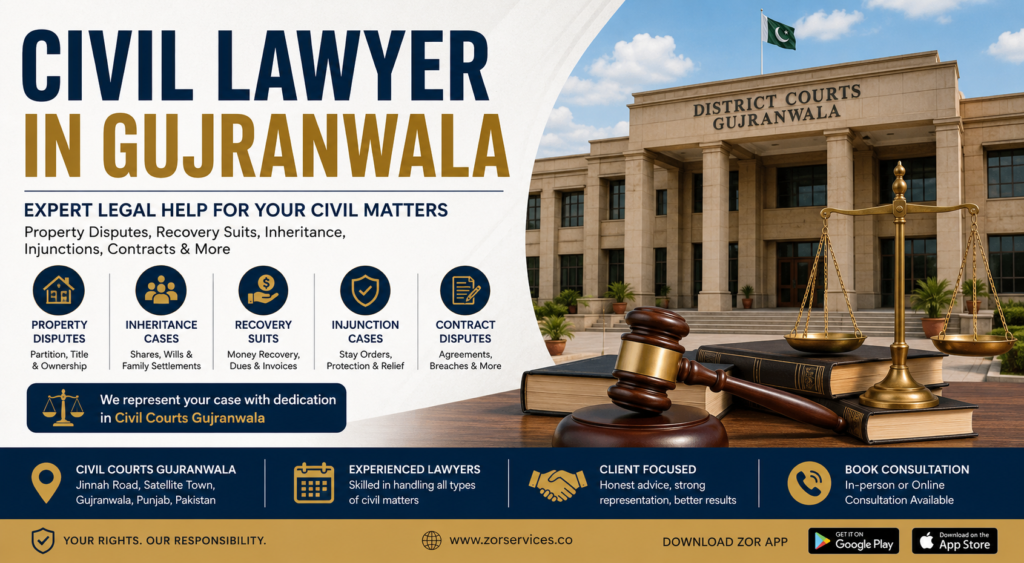 Banner with headline “Civil Lawyer in Gujranwala,” District Courts Gujranwala building, gavel, scales of justice, and icons for property disputes, inheritance cases, recovery suits, injunction cases, and contract disputes.