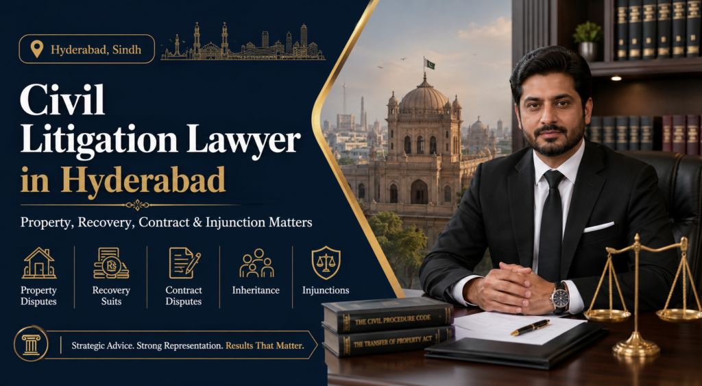 Civil litigation lawyer in Hyderabad featured image showing a professional lawyer, legal documents, scales of justice, and Hyderabad court-style background.