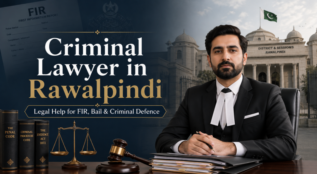 Criminal lawyer in Rawalpindi offering legal help for FIR, bail, and criminal defence with courthouse, law books, and justice scales.