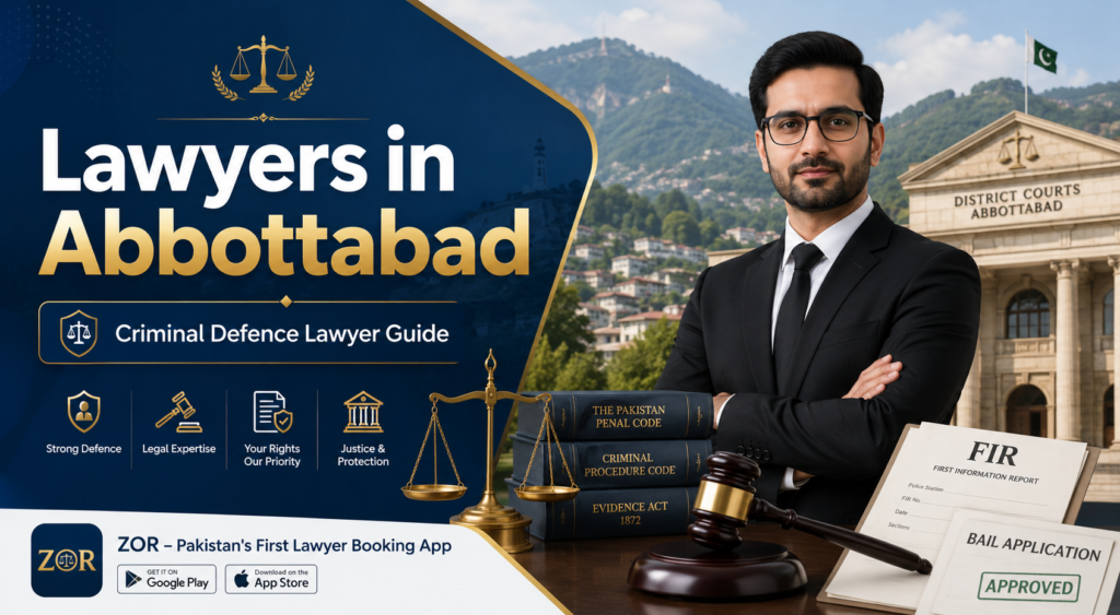 Criminal defence lawyer in Abbottabad with court building, legal books, FIR document, bail application, gavel, and scales of justice for lawyers in Abbottabad.