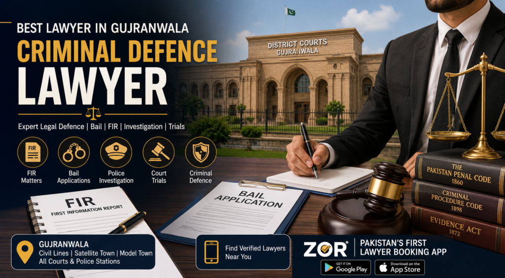 Best lawyer in Gujranwala criminal defence banner with District Courts Gujranwala, FIR document, bail application, legal books, gavel, scales of justice, and ZOR lawyer booking app branding.