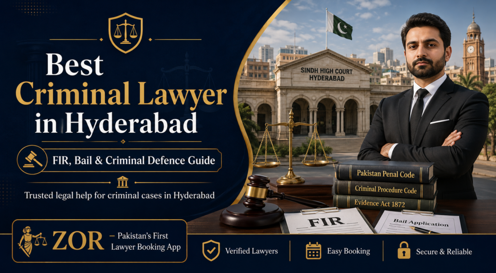 Best criminal lawyer in Hyderabad banner with Sindh High Court Hyderabad, professional lawyer, FIR document, bail application, law books, gavel, scales of justice, and ZOR lawyer booking app branding.