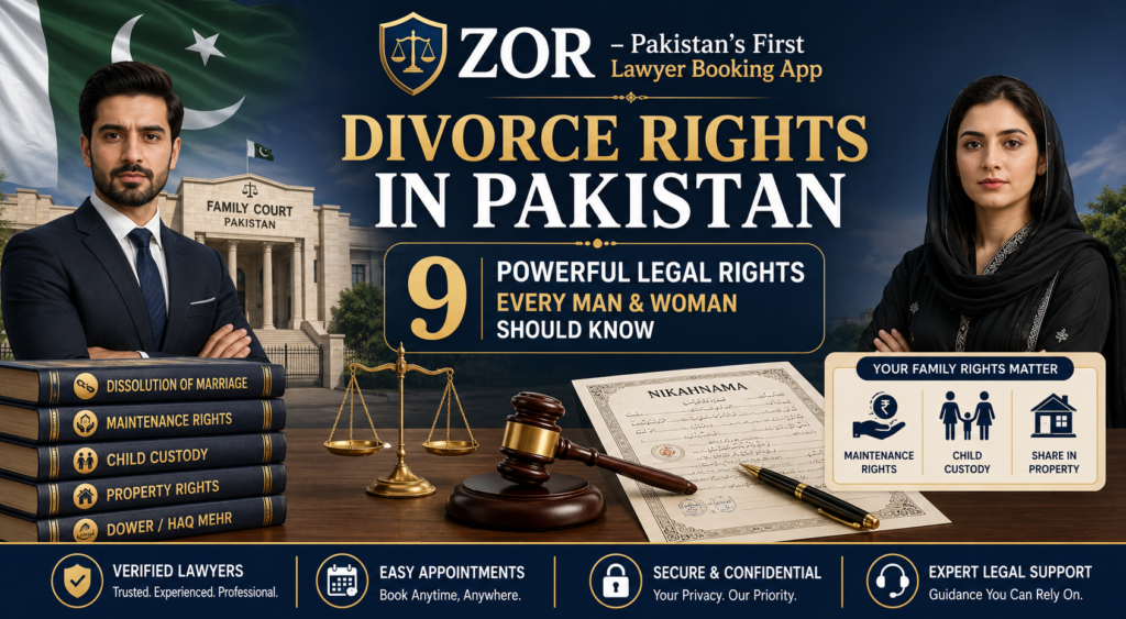 Divorce rights in Pakistan banner showing a man and woman, family court, Nikahnama, gavel, scales of justice, and legal rights icons for maintenance, child custody, property rights, and haq mehr.