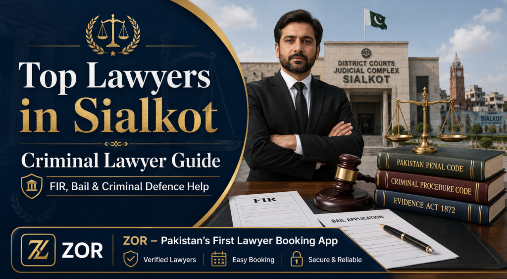 Top lawyers in Sialkot criminal lawyer guide image with District Courts Judicial Complex Sialkot, lawyer, FIR document, bail application, law books, gavel, and scales of justice.