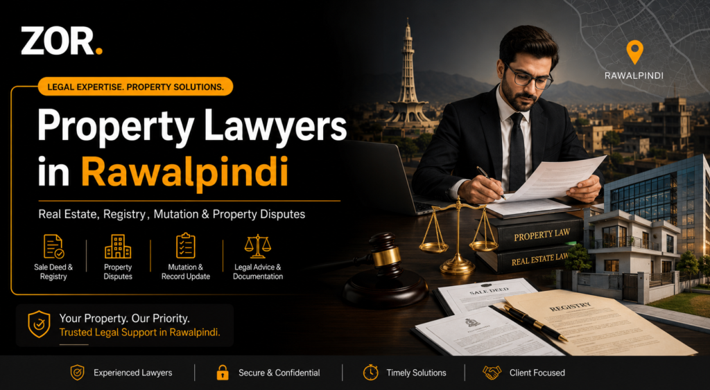 Property lawyers in Rawalpindi banner showing a lawyer reviewing sale deed, registry documents, property law books, gavel, scales of justice, Rawalpindi map pin, and real estate buildings.