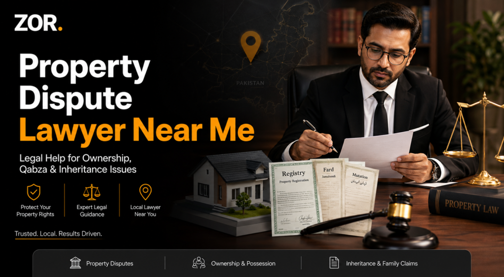 Property dispute lawyer near me banner showing a lawyer reviewing registry, fard, mutation documents, house model, gavel, scales of justice, and ZOR branding for property legal help.