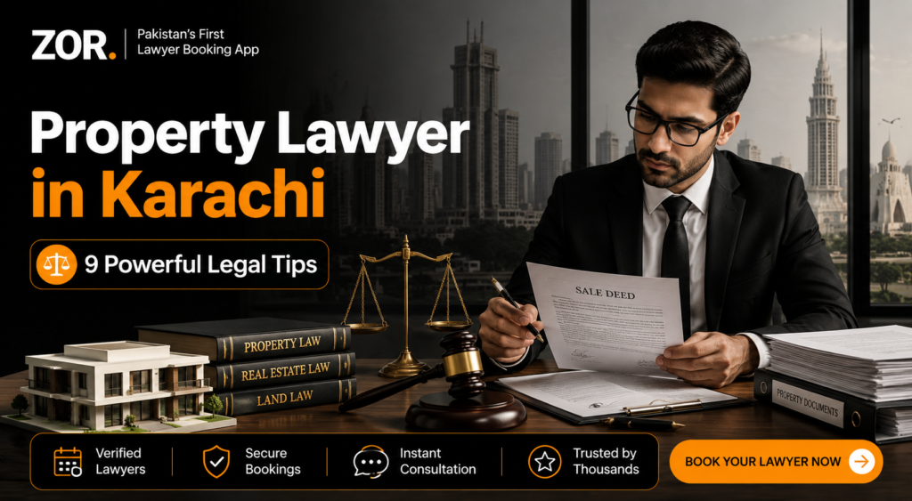 Property lawyer in Karachi banner showing a lawyer reviewing sale deed documents, property law books, gavel, scales of justice, Karachi skyline, house model, and ZOR lawyer booking app branding.