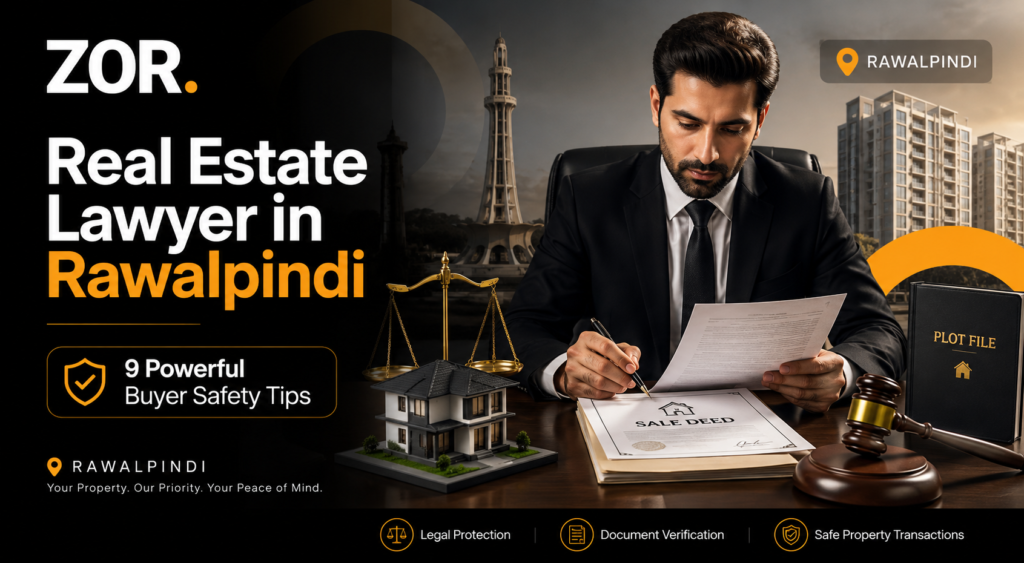 Real estate lawyer in Rawalpindi banner showing a lawyer reviewing sale deed and plot file documents, house model, gavel, scales of justice, Rawalpindi location marker, and ZOR branding.