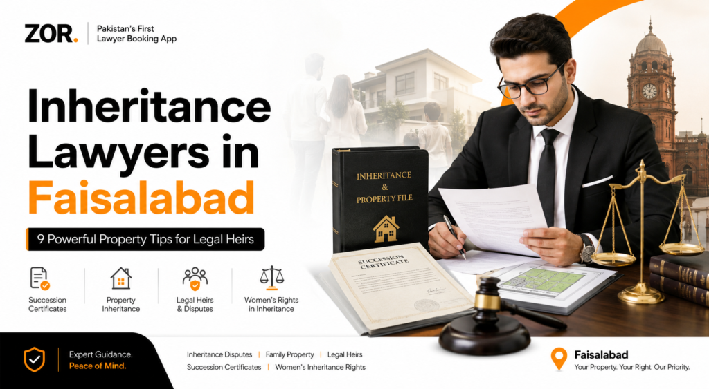 Inheritance lawyers in Faisalabad banner showing a lawyer reviewing succession certificate, inheritance property file, legal heir documents, property map, gavel, scales of justice, Faisalabad landmark, and ZOR branding.