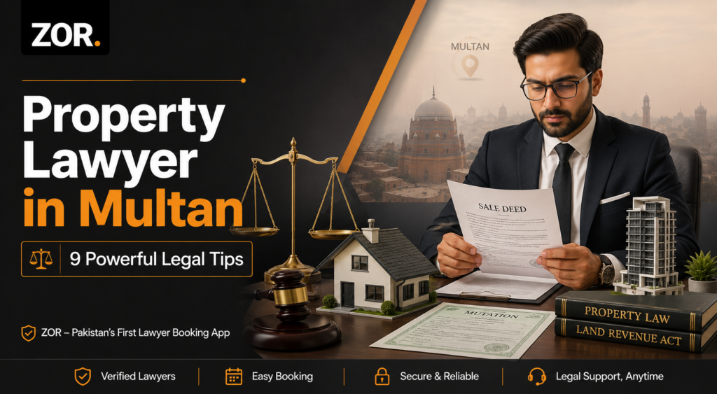 Property lawyer in Multan banner showing a lawyer reviewing sale deed and mutation documents, house model, gavel, scales of justice, Multan city background, property law books, and ZOR branding.