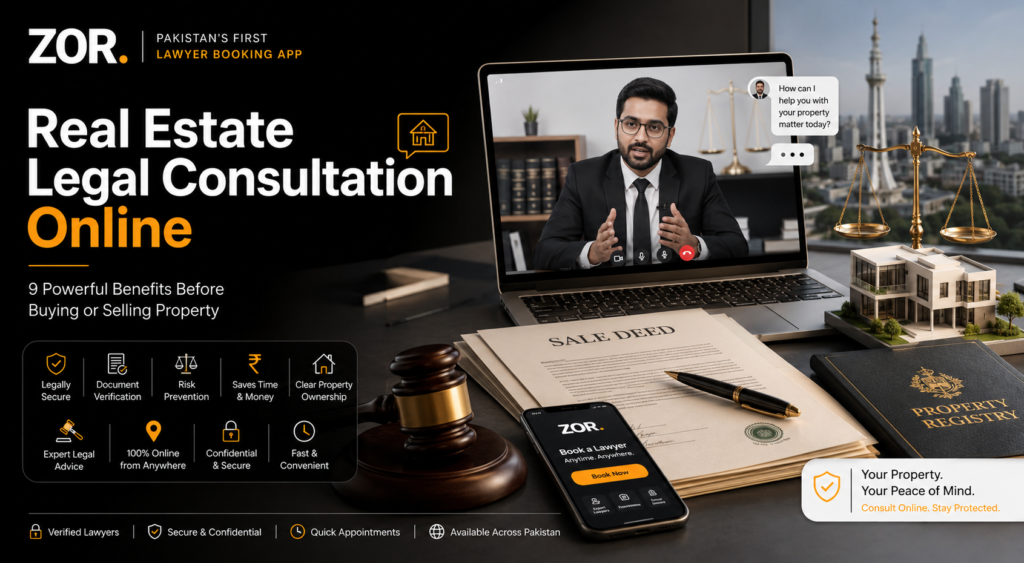 Real estate legal consultation online banner showing a lawyer video consultation, sale deed, property registry documents, house model, gavel, scales of justice, ZOR app booking screen, and legal document verification.