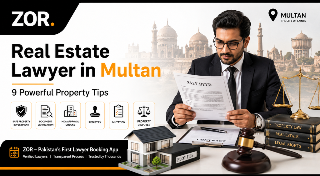 Real estate lawyer in Multan banner showing a lawyer reviewing sale deed documents, MDA approval checks, registry, mutation, plot file, house model, gavel, scales of justice, Multan landmarks, and ZOR branding.