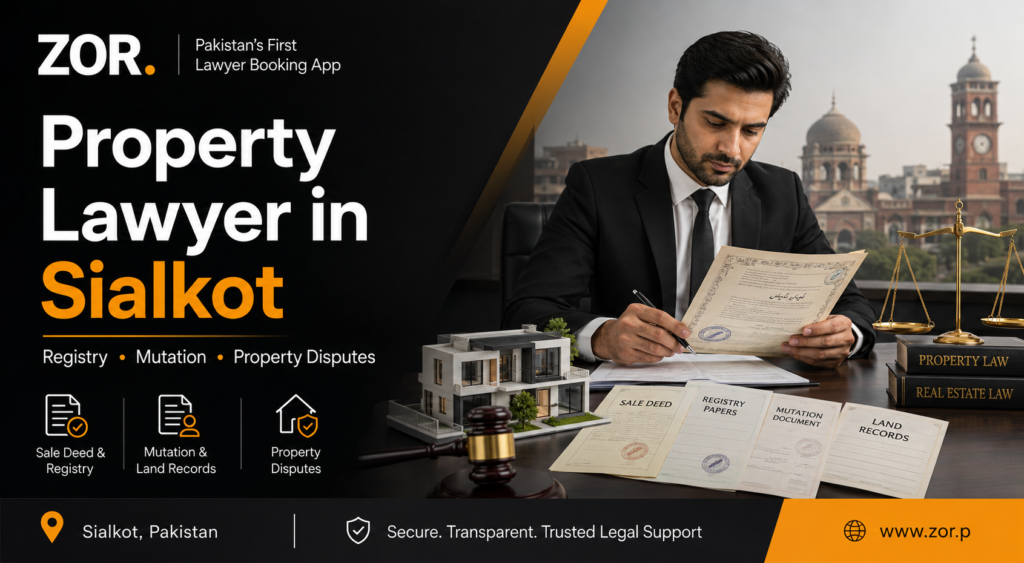 Property lawyer in Sialkot banner showing a lawyer reviewing sale deed, registry papers, mutation documents, land records, house model, gavel, scales of justice, Sialkot landmark, and ZOR branding.