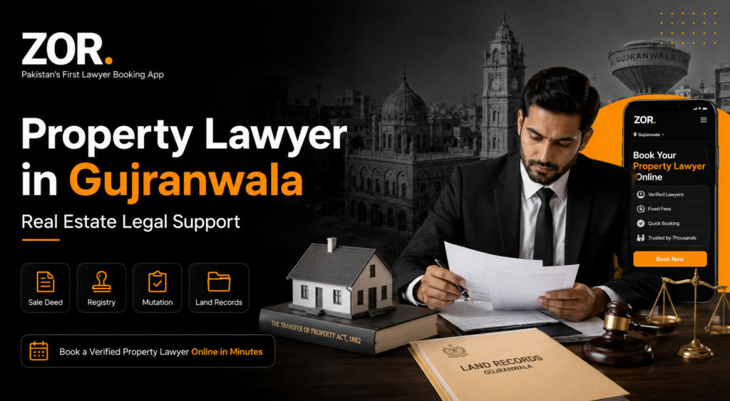 Property lawyer in Gujranwala banner showing a lawyer reviewing property documents, sale deed, registry, mutation and land records, house model, gavel, scales of justice, ZOR app screen, and Gujranwala city background.
