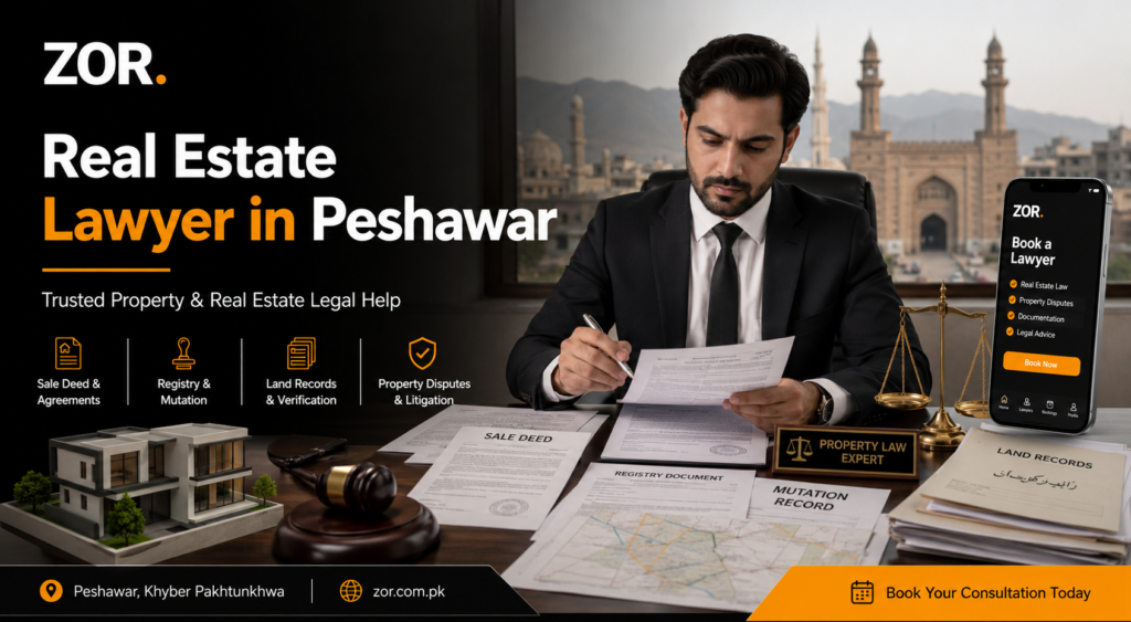 Real estate lawyer in Peshawar banner showing a lawyer reviewing sale deed, registry document, mutation record, land records, property map, house model, gavel, scales of justice, ZOR app screen, and Peshawar city background.