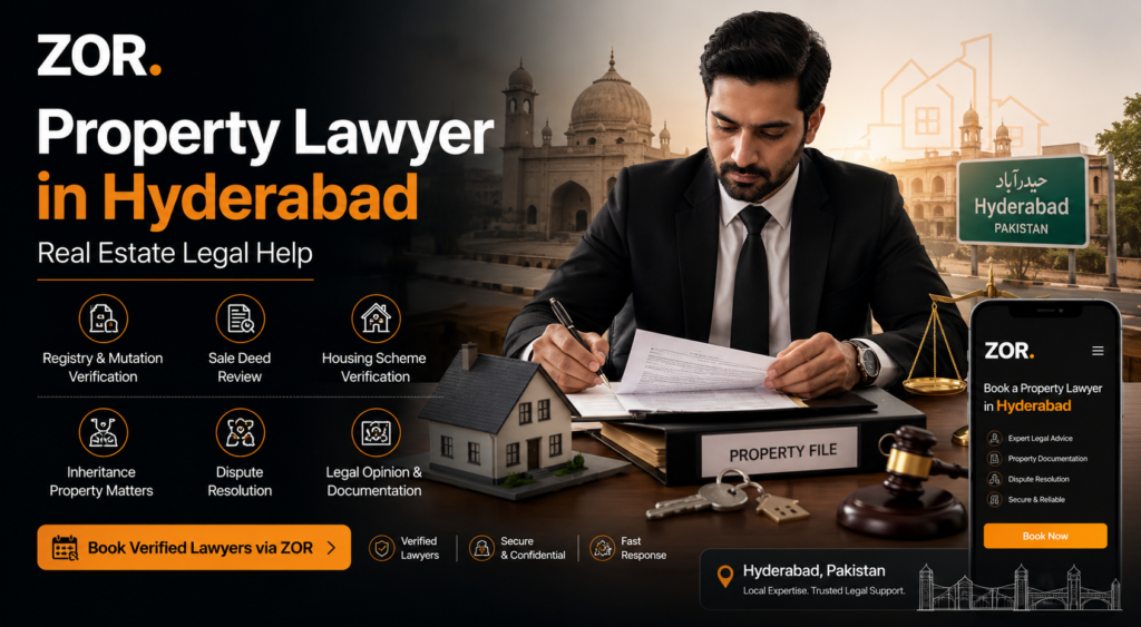 Property lawyer in Hyderabad banner showing a lawyer reviewing property file documents, registry and mutation verification icons, house model, gavel, scales of justice, Hyderabad Pakistan background, and ZOR app booking screen.