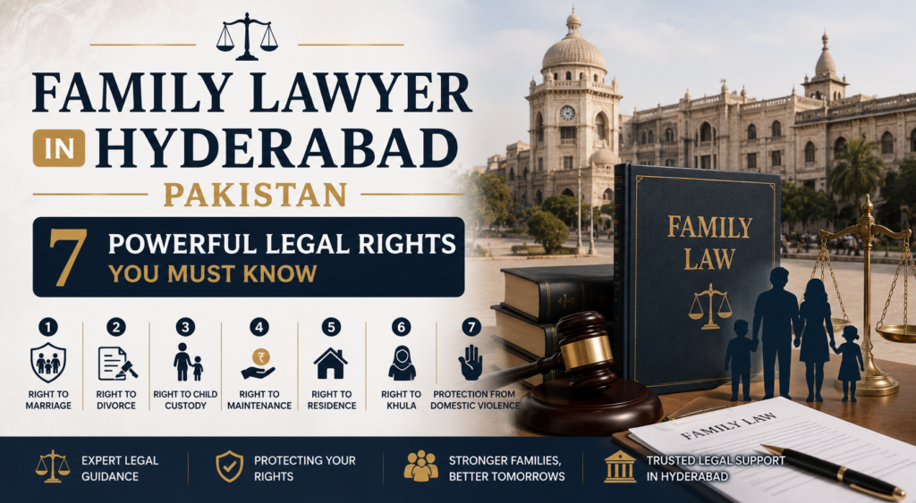 Family lawyer in Hyderabad Pakistan explaining legal rights related to divorce, child custody, maintenance, khula, and family protection laws