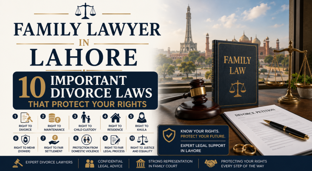 Family lawyer in Lahore explaining important divorce laws, child custody rights, maintenance, khula, and legal protection in Pakistan