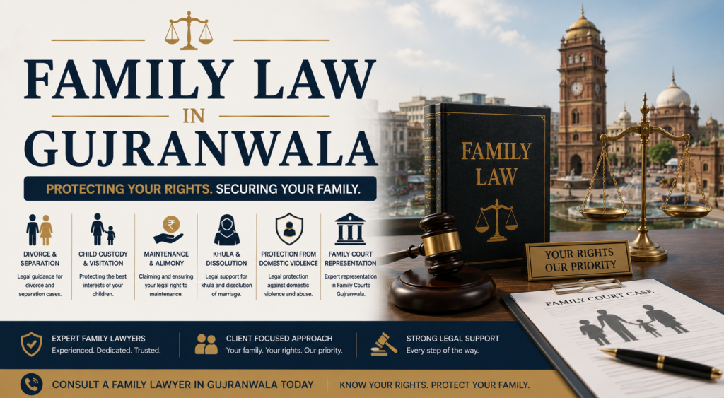 Family law services in Gujranwala covering divorce, child custody, maintenance, khula, and family court representation in Pakistan