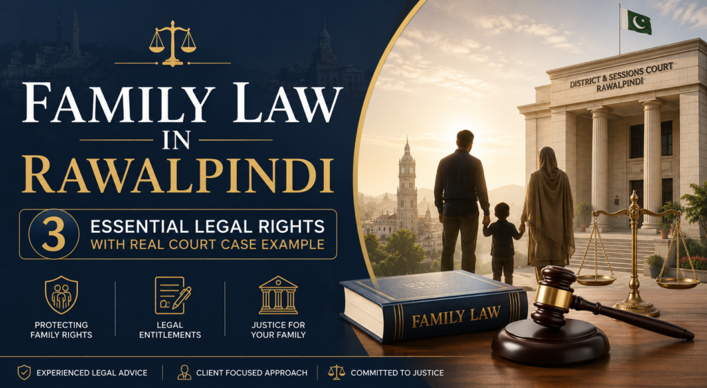 Family law in Rawalpindi banner showing legal rights, family court themes, and a real court case example