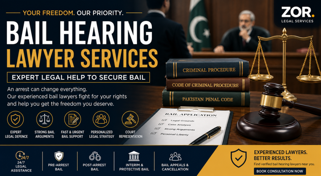 Bail hearing lawyer services in Pakistan helping an accused person secure legal protection through court representation