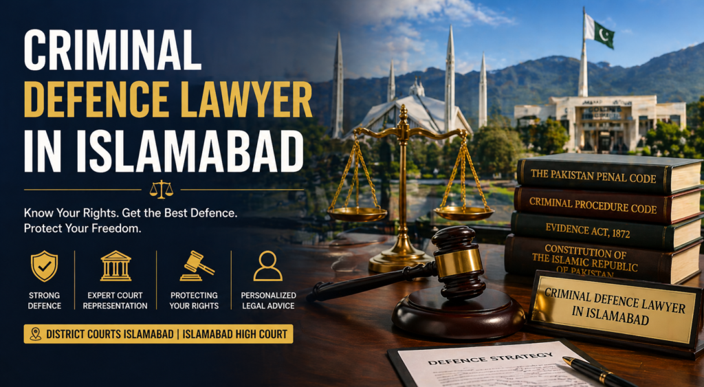 Criminal defence lawyer in Islamabad with legal books, gavel, and Islamabad High Court in the background.