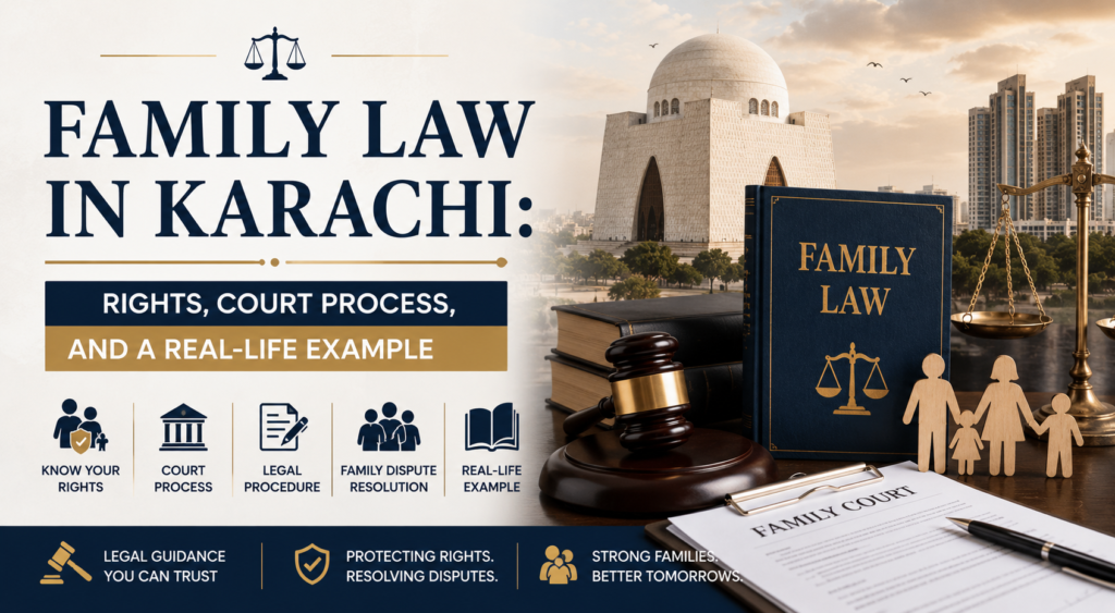 Family law in Karachi illustration showing family court process, legal rights, and dispute resolution in Pakistan