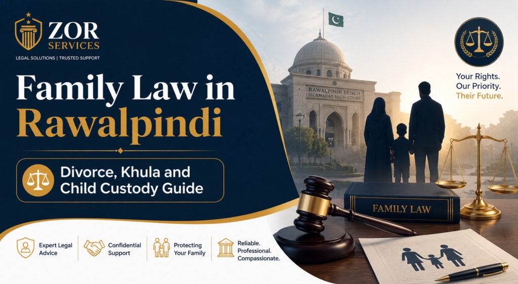 Family Law in Rawalpindi banner about divorce, khula and child custody legal guide